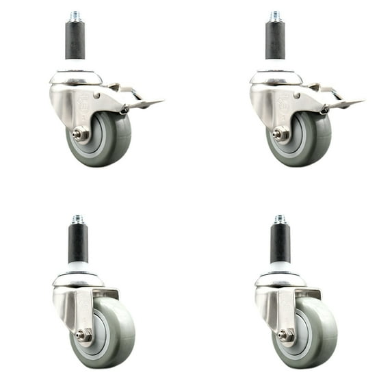3 Inch 316SS Gray Poly Swivel 1 Inch Expanding Stem Caster Set 2 Lock Brake