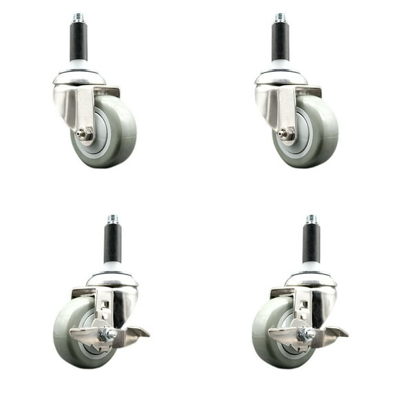 3 Inch 316SS Gray Poly Swivel 3/4 Inch Expanding Stem Caster Set 2 Brake SCC