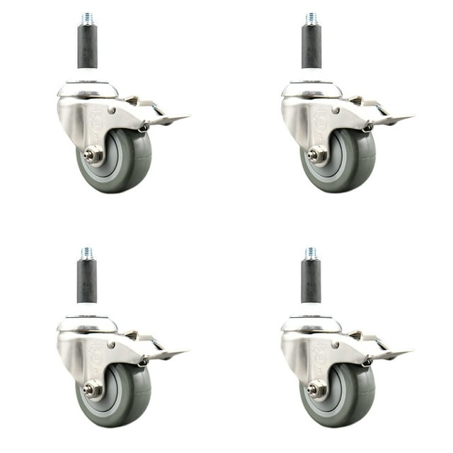 3 Inch 316SS Gray Poly Swivel 3/4 Inch Expanding Stem Caster Set Lock Brake