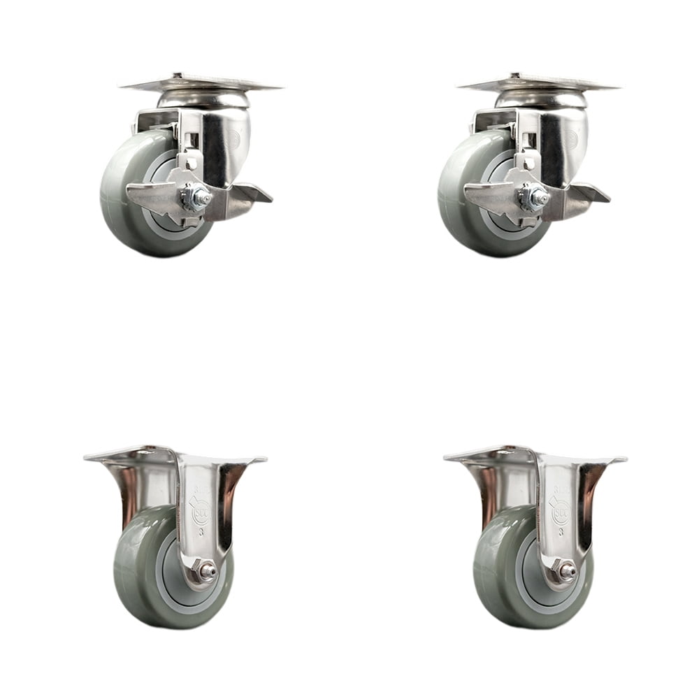 3 Inch 316SS Gray Polyurethane Swivel Top Plate Caster Set 2 Brake 2 ...