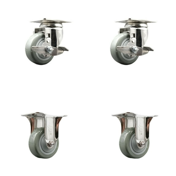 3 Inch 316SS Gray Polyurethane Swivel Top Plate Caster Set 2 Brake 2 Rigid SCC