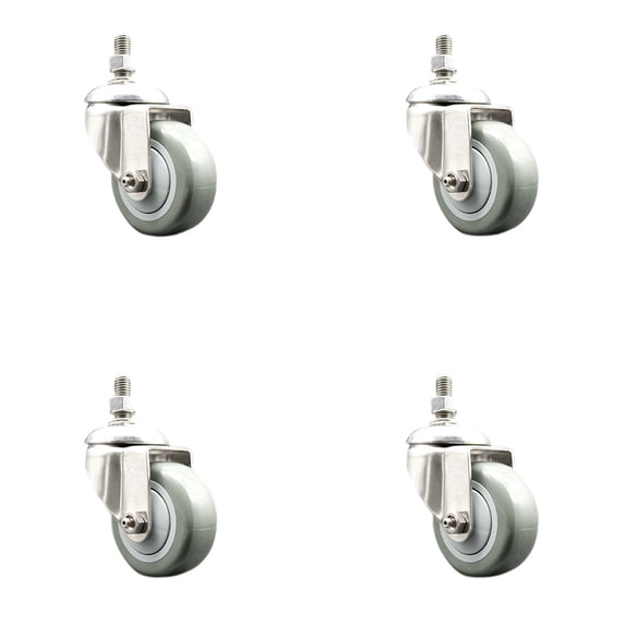 3 Inch 316SS Gray Polyurethane Wheel Swivel 3/8 Inch Threaded Stem Caster Set
