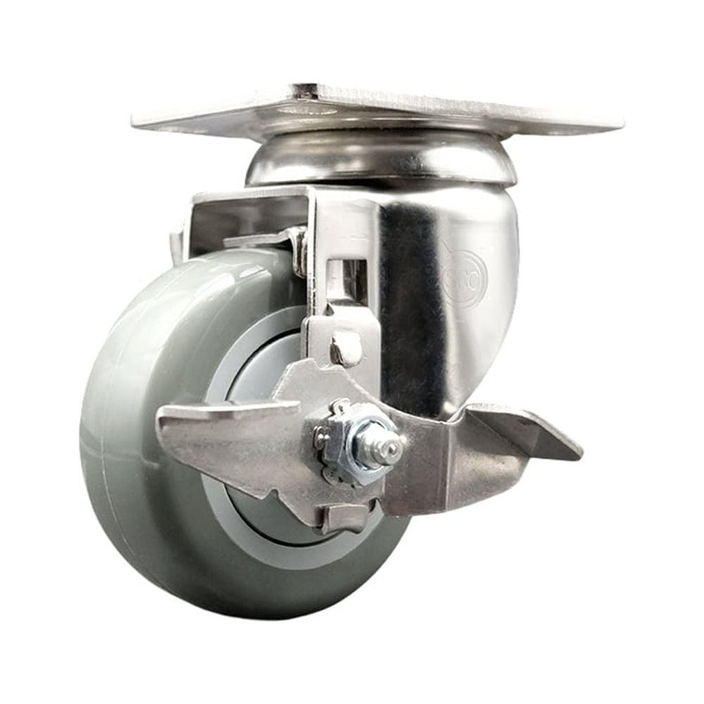 3 Inch 316SS Gray Polyurethane Wheel Swivel Top Plate Caster with Brake ...