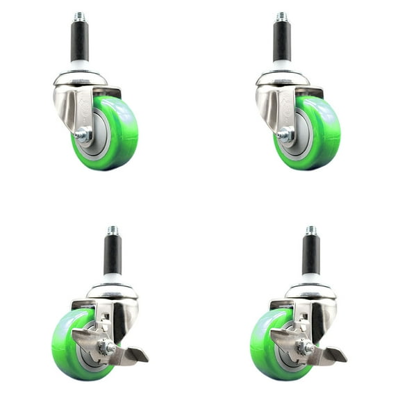 3 Inch 316SS Green Poly Swivel 3/4 Inch Expanding Stem Caster Set 2 Brake SCC