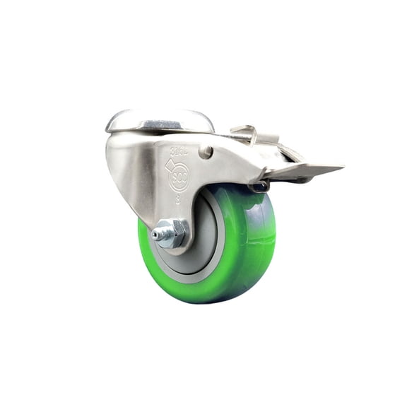 3 Inch 316SS Green Polyurethane Swivel Bolt Hole Caster with Total Lock Brake