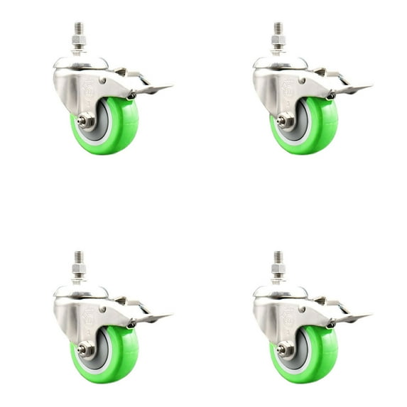 3 Inch 316SS Green Polyurethane Wheel Swivel 12mm Stem Caster Set Lock Brake
