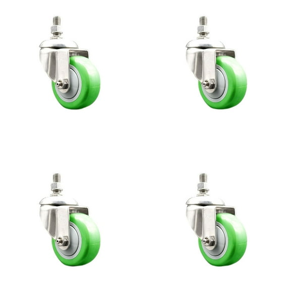 3 Inch 316SS Green Polyurethane Wheel Swivel 12mm Threaded Stem Caster Set