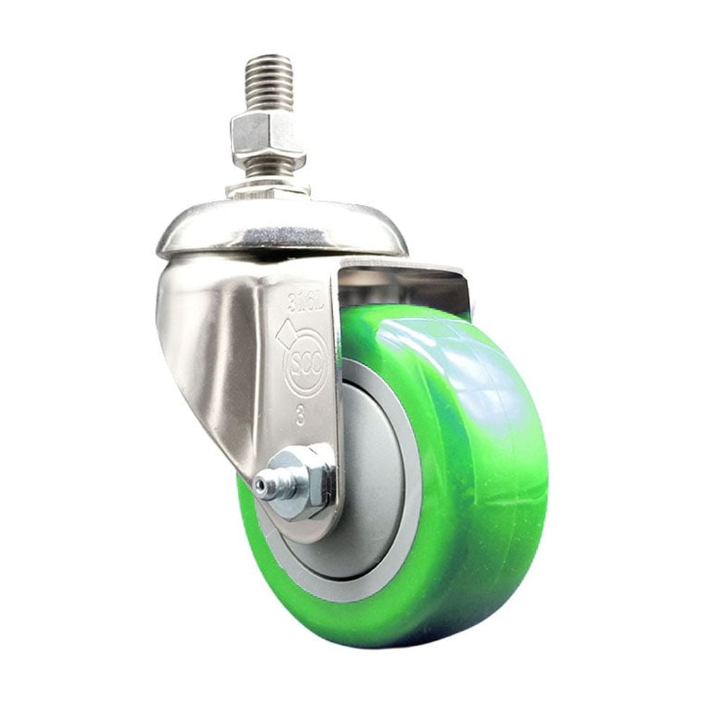 3 Inch 316SS Green Polyurethane Wheel Swivel ½ Inch Threaded Stem ...