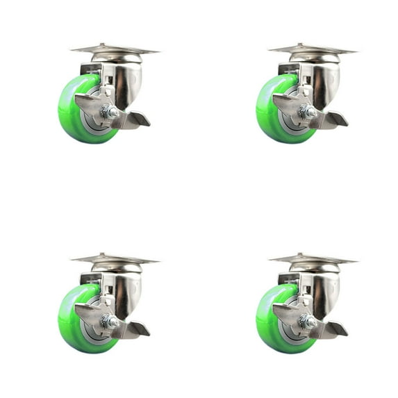 3 Inch 316SS Green Polyurethane Wheel Swivel Top Plate Caster Set with Brake SCC