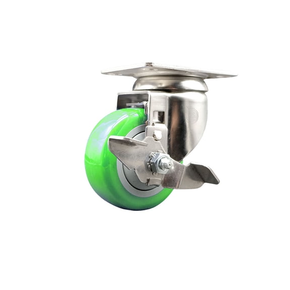 3 Inch 316SS Green Polyurethane Wheel Swivel Top Plate Caster with Brake SCC
