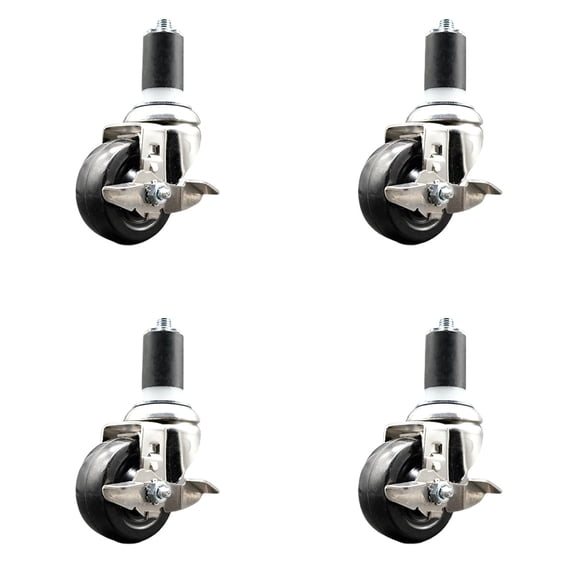 3 Inch 316SS Hard Rubber Swivel 1-5/8 Inch Expanding Stem Caster Set Brake SCC