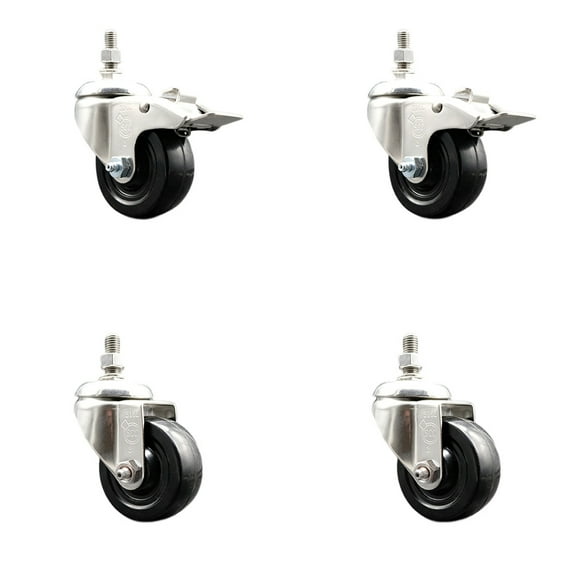 3 Inch 316SS Hard Rubber Swivel 3/8 Inch Threaded Stem Caster Set 2 Lock Brake