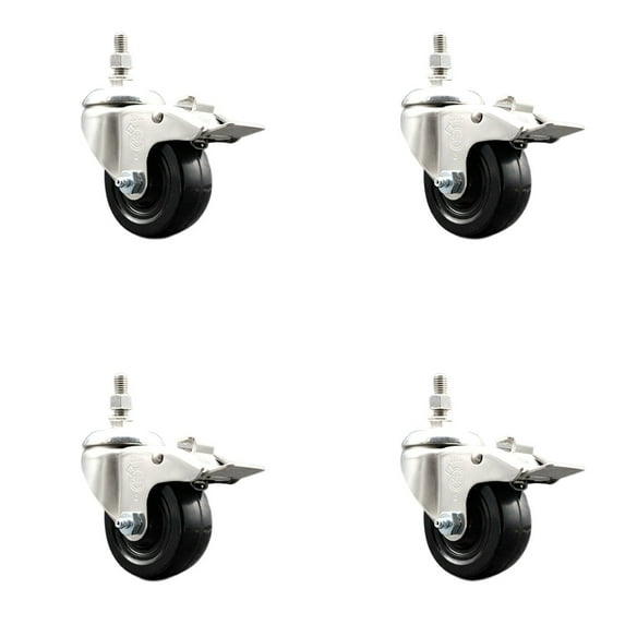3 Inch 316SS Hard Rubber Swivel 3/8 Inch Threaded Stem Caster Set Lock Brake SCC