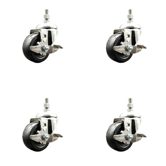 3 Inch 316SS Hard Rubber Wheel Swivel 10mm Threaded Stem Caster Set Brake