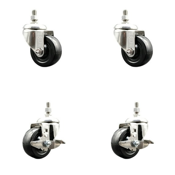 3 Inch 316SS Hard Rubber Wheel Swivel 3/8 Inch Threaded Stem Caster Set 2 Brakes
