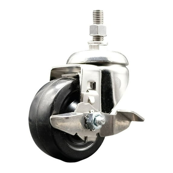 3 Inch 316SS Hard Rubber Wheel Swivel 3/8 Inch Threaded Stem Caster with Brake