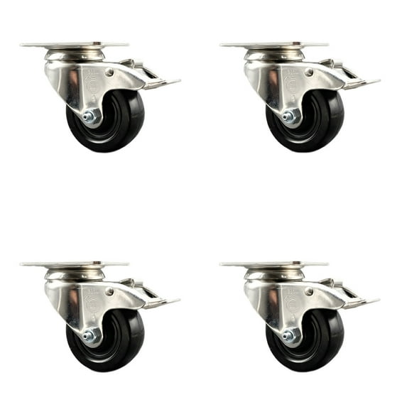 3 Inch 316SS Hard Rubber Wheel Swivel Top Plate Caster Set Total Lock Brake SCC