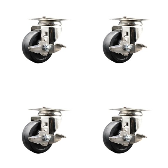 3 Inch 316SS Hard Rubber Wheel Swivel Top Plate Caster Set with Brake SCC