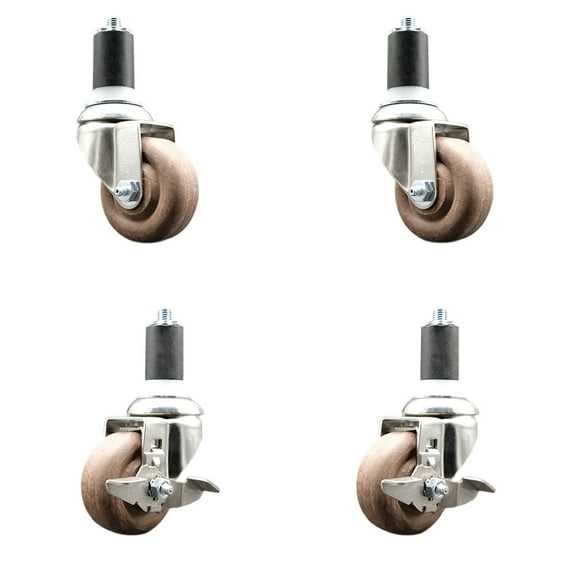 3 Inch 316SS High Temp Glass Filled Nylon 1-5/8 Inch Stem Caster Set 2 Brake SCC