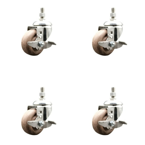 3 Inch 316SS High Temp Glass Filled Nylon 10mm Stem Caster Set Brake SCC
