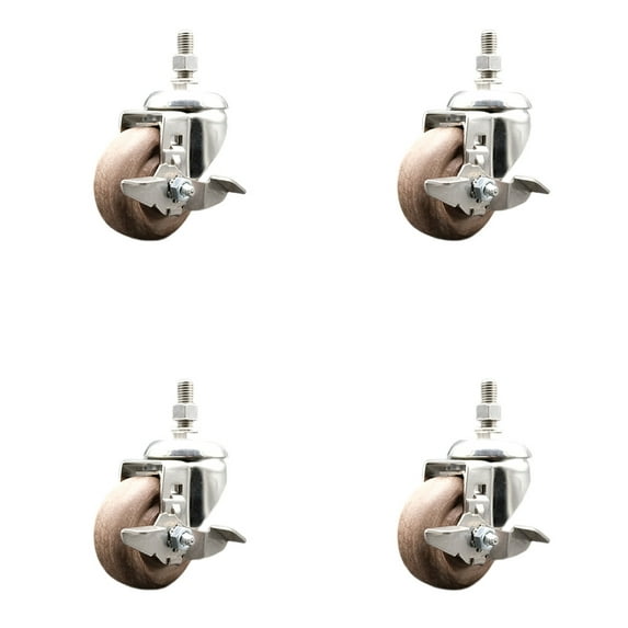 3 Inch 316SS High Temp Glass Filled Nylon 3/8 Inch Stem Caster Set Brake SCC