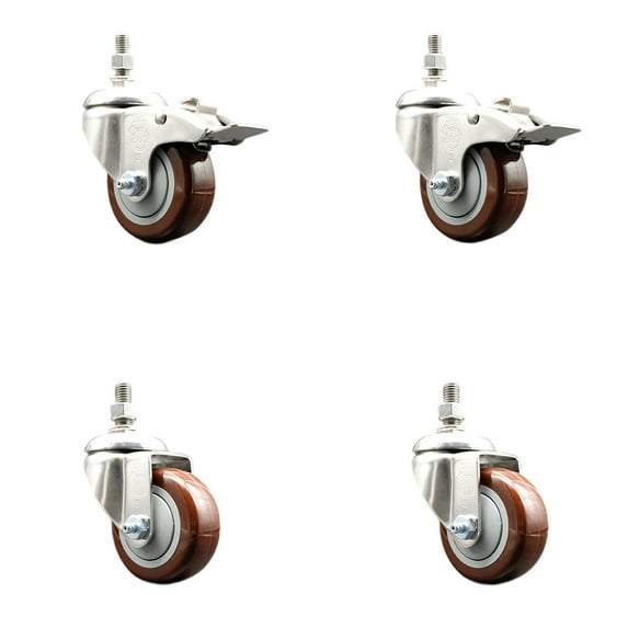 3 Inch 316SS Maroon Polyurethane 12mm Threaded Stem Caster Set 2 Lock Brake