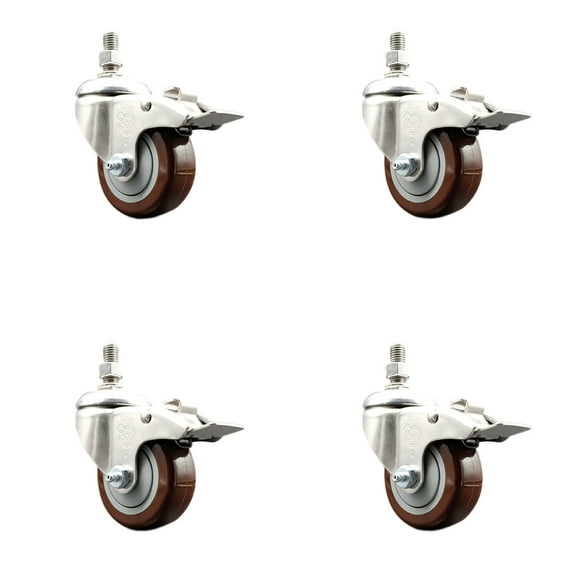 3 Inch 316SS Maroon Polyurethane Swivel 3/8 Inch Stem Caster Set Lock Brake SCC