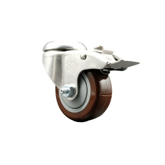 3 Inch 316SS Maroon Polyurethane Swivel Bolt Hole Caster with Total Lock Brake