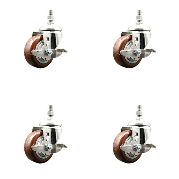 3 Inch 316SS Maroon Polyurethane Swivel ½ Inch Threaded Stem Caster Set Brake