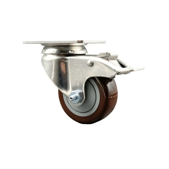 3 Inch 316SS Maroon Polyurethane Swivel Top Plate Caster with Total Lock Brake