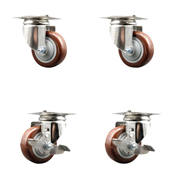 3 Inch 316SS Maroon Polyurethane Wheel Swivel Top Plate Caster Set 2 Brakes SCC