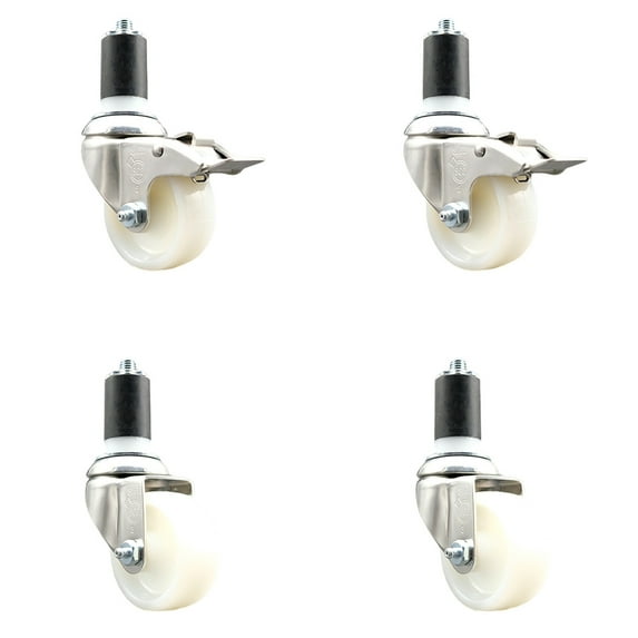 3 Inch 316SS Nylon Swivel 1-5/8 Inch Expanding Stem Caster Set 2 Lock Brake SCC