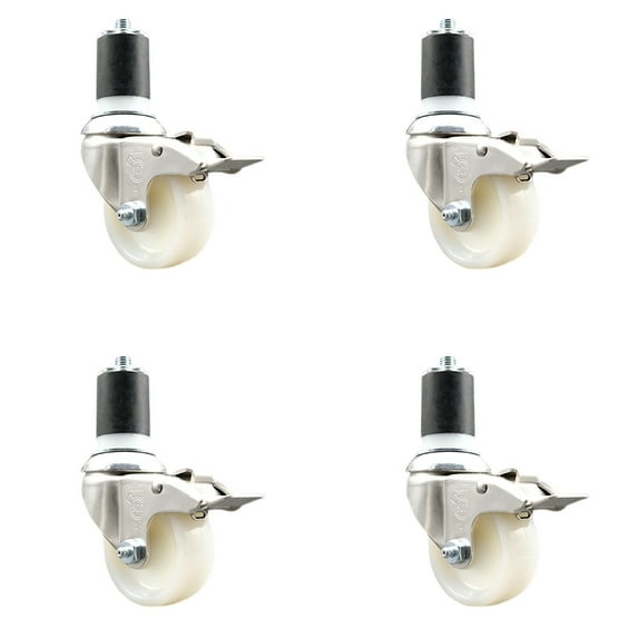 3 Inch 316SS Nylon Wheel Swivel 1-3/4 Inch Expanding Stem Caster Set Lock Brake