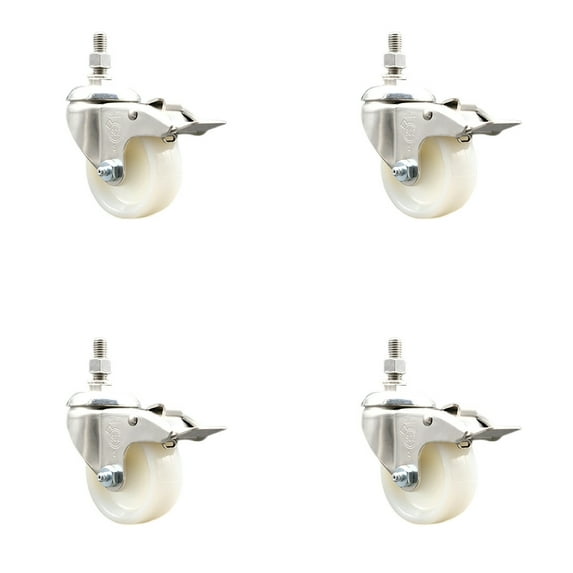 3 Inch 316SS Nylon Wheel Swivel 10mm Threaded Stem Caster Set Lock Brake SCC