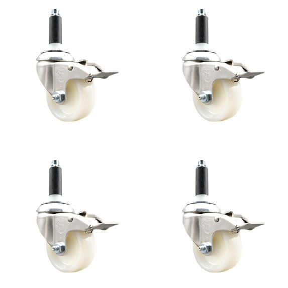 3 Inch 316SS Nylon Wheel Swivel 7/8 Inch Expanding Stem Caster Set Lock Brake