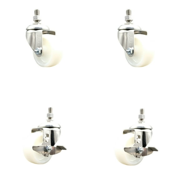 3 Inch 316SS Nylon Wheel Swivel ½ Inch Threaded Stem Caster Set 2 Brakes SCC