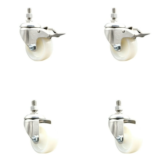 3 Inch 316SS Nylon Wheel Swivel ½ Inch Threaded Stem Caster Set 2 Lock Brake SCC