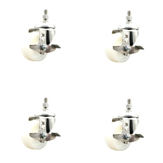 3 Inch 316SS Nylon Wheel Swivel ½ Inch Threaded Stem Caster Set Brake SCC