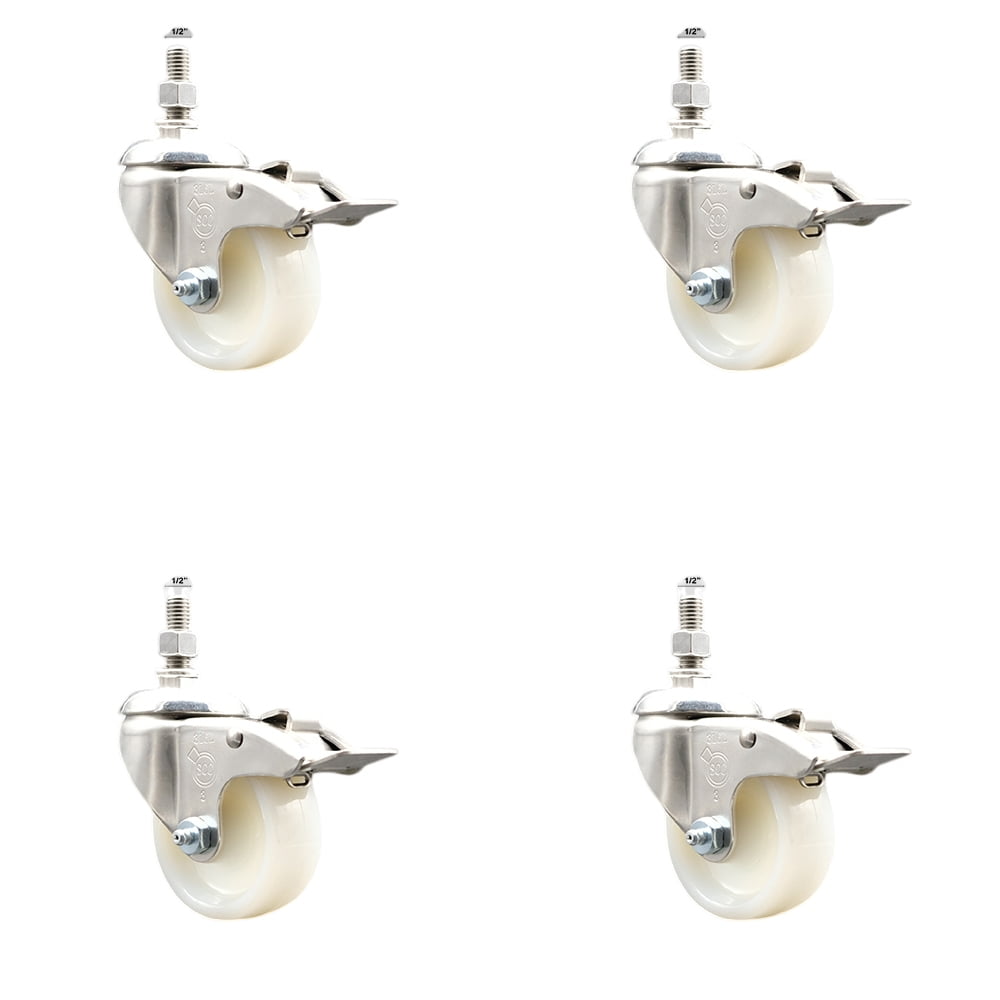 3 Inch 316SS Nylon Wheel Swivel ½ Inch Threaded Stem Caster Set Lock ...