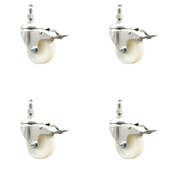 3 Inch 316SS Nylon Wheel Swivel ½ Inch Threaded Stem Caster Set Lock Brake SCC