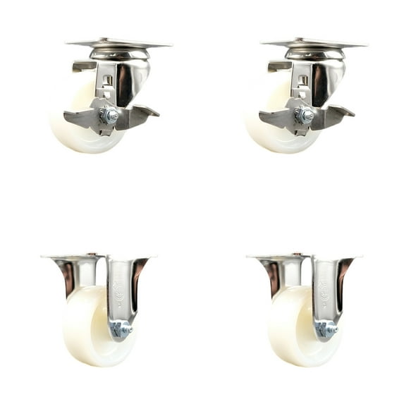 3 Inch 316SS Nylon Wheel Swivel Top Plate Caster Set 2 Brake 2 Rigid SCC