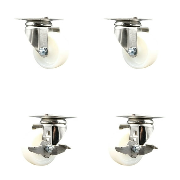 3 Inch 316SS Nylon Wheel Swivel Top Plate Caster Set 2 Brakes Service Caster