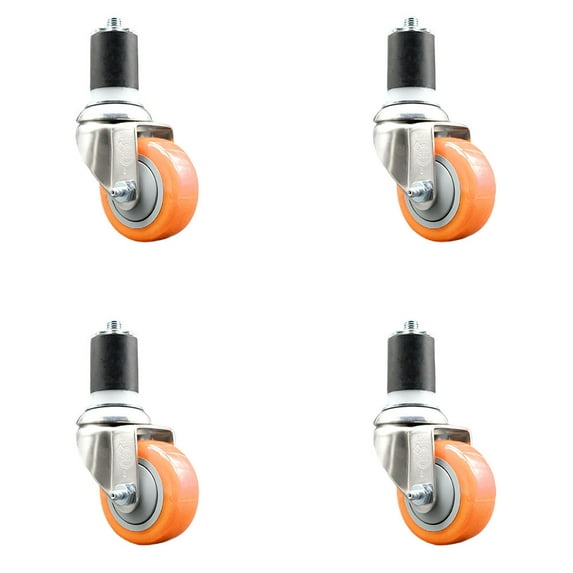 3 Inch 316SS Orange Polyurethane Swivel 1-7/8 Inch Expanding Stem Caster Set SCC