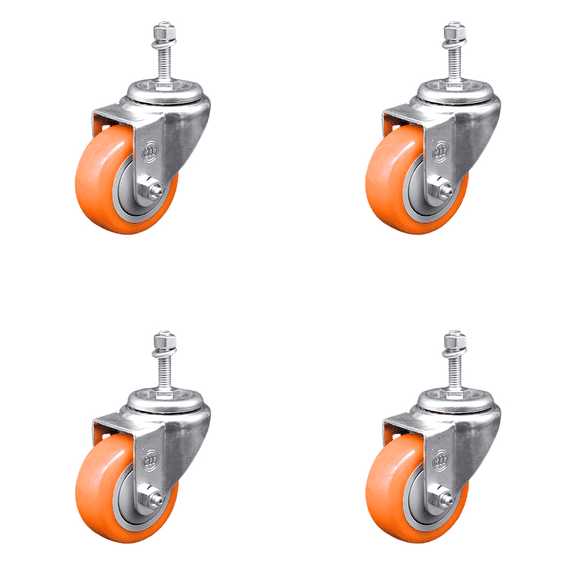 3 Inch 316SS Orange Polyurethane Wheel Swivel 3/8 Inch Threaded Stem Caster Set