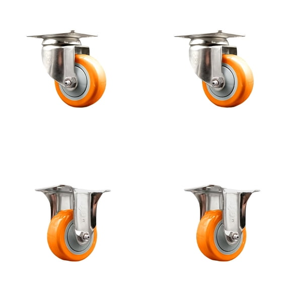 3 Inch 316SS Orange Polyurethane Wheel Swivel Top Plate Caster Set 2 Rigid SCC