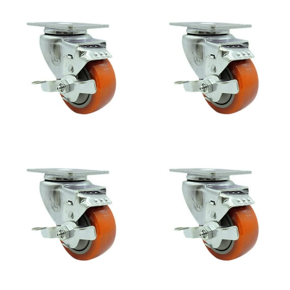 3 Inch 316SS Orange Polyurethane Wheel Swivel Top Plate Caster Set with Brake