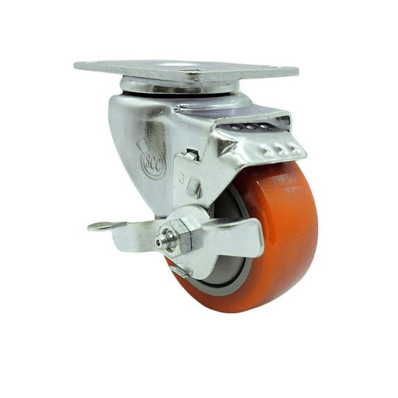 3 Inch 316SS Orange Polyurethane Wheel Swivel Top Plate Caster with Brake SCC