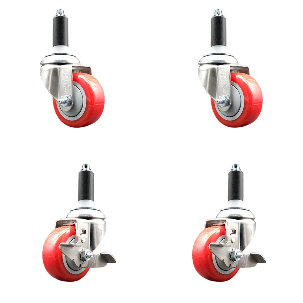 3 Inch 316SS Red Poly Swivel 1-1/8 Inch Expanding Stem Caster Set 2 ...