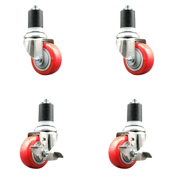 3 Inch 316SS Red Poly Swivel 1-7/8 Inch Expanding Stem Caster Set 2 Brake SCC