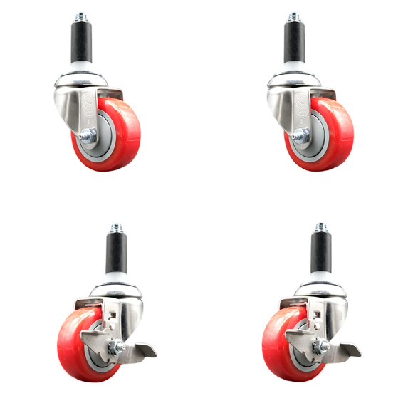 3 Inch 316SS Red Poly Swivel 1 Inch Expanding Stem Caster Set 2 Brake SCC